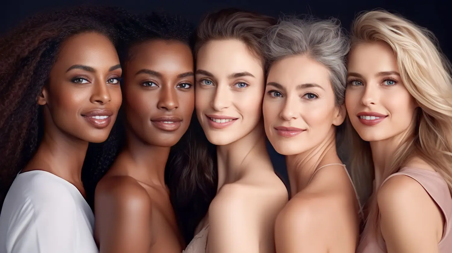 A diverse group of beautiful women with natural beauty and glowing smooth skin. Portrait of many attractive female fashion models with great skincare of all races, tones and style